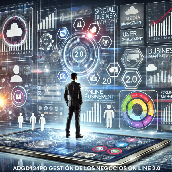 Ilustración de gestión de negocios online 2.0 con herramientas digitales avanzadas, pantallas interactivas y análisis en tiempo real
