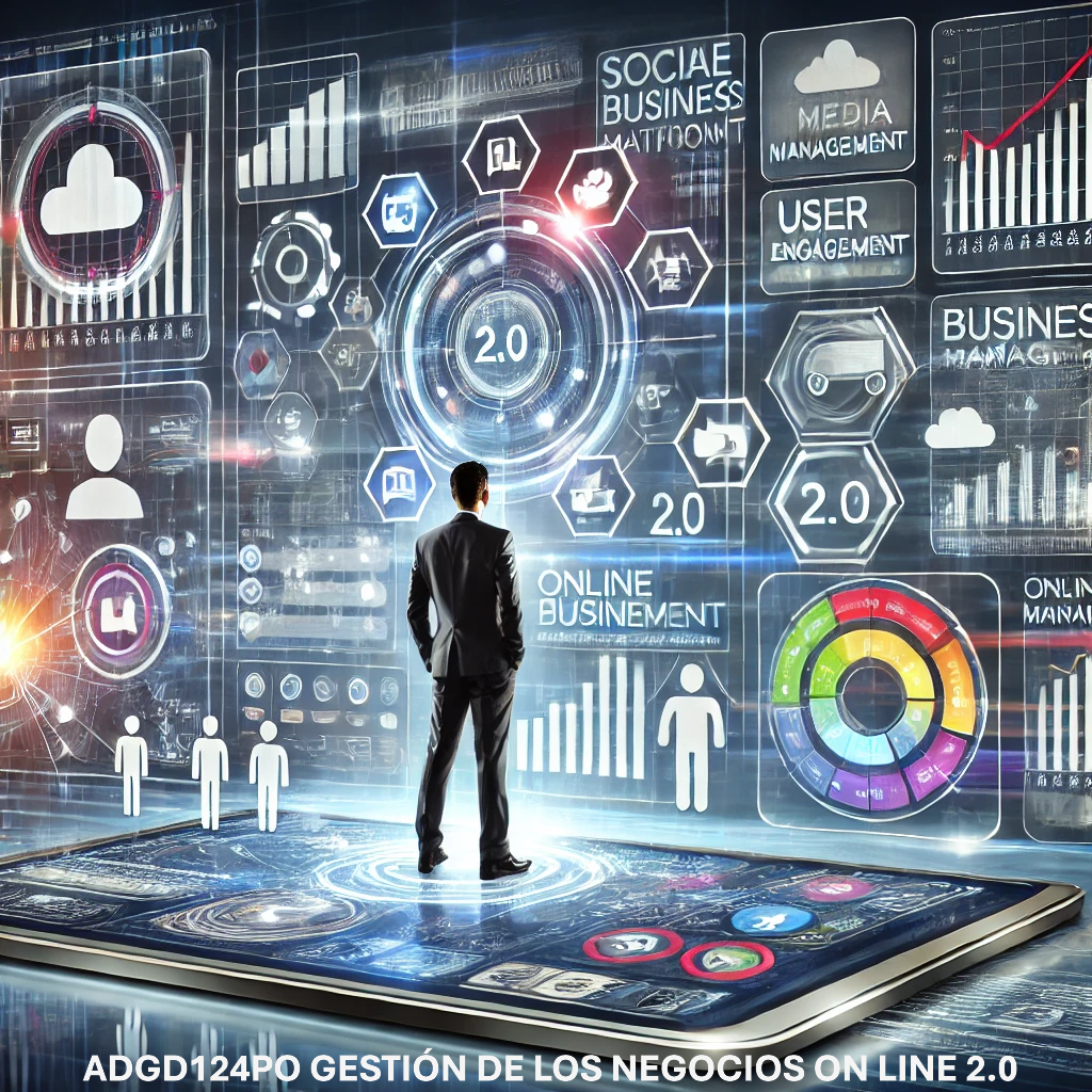 ADGD124PO GESTIÓN DE LOS NEGOCIOS ON LINE 2.0 Ilustración de gestión de negocios online 2.0 con herramientas digitales avanzadas, pantallas interactivas y análisis en tiempo real
