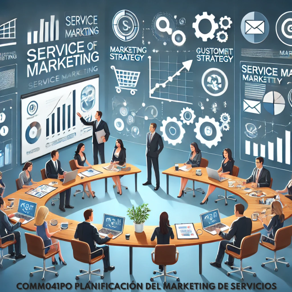 Equipo de profesionales planificando estrategias de marketing de servicios, con gráficos de crecimiento, segmentación de clientes y herramientas digitales en una oficina moderna