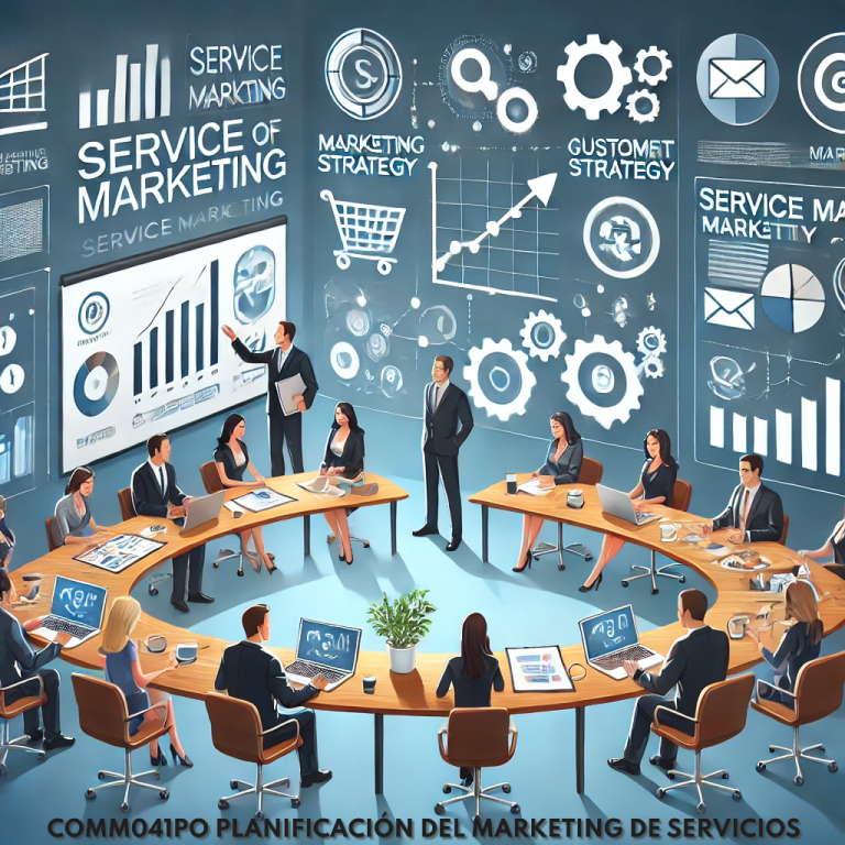 Equipo de profesionales planificando estrategias de marketing de servicios, con gráficos de crecimiento, segmentación de clientes y herramientas digitales en una oficina moderna