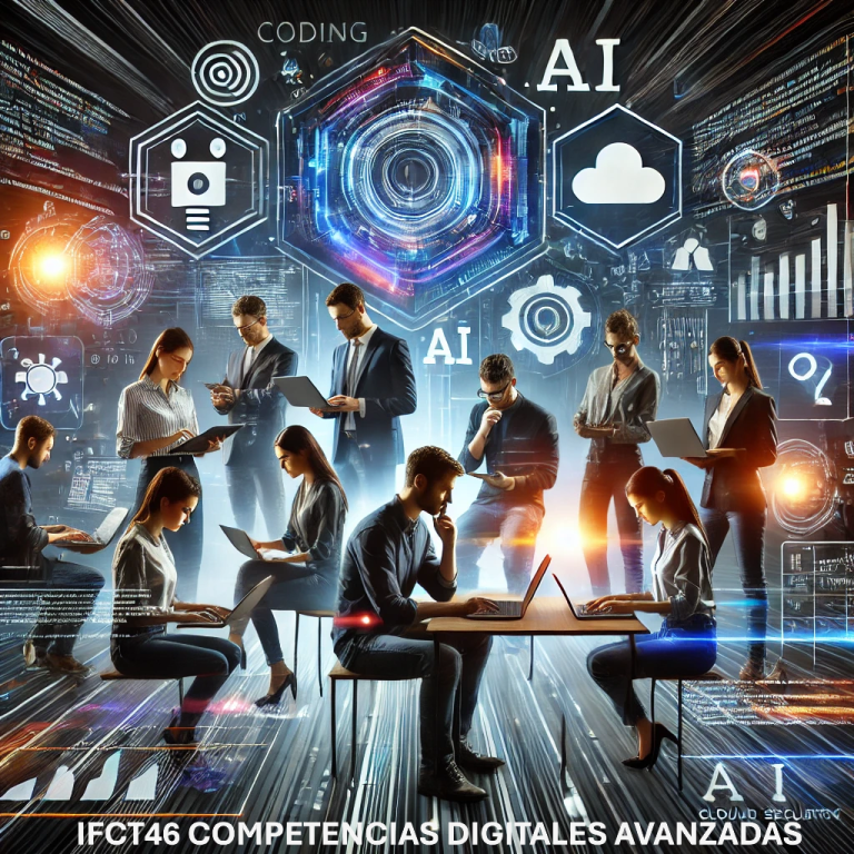 Ilustración de profesionales usando herramientas digitales avanzadas como inteligencia artificial, ciberseguridad y análisis de datos