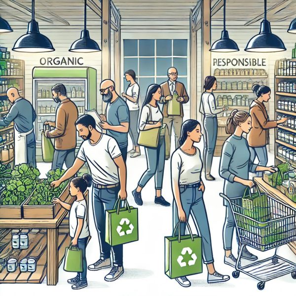 Personas practicando consumo responsable con productos ecológicos, reciclaje y energía renovable. Promoción del uso de bolsas reutilizables, ahorro de agua y energías limpias.