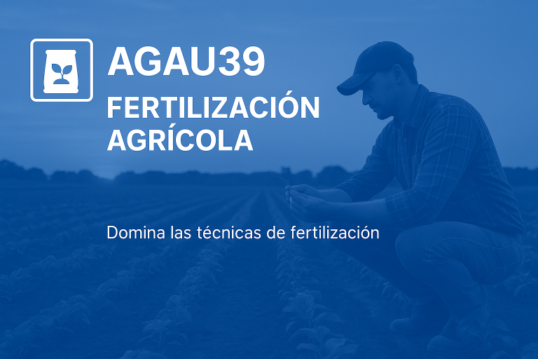 AGAU39 Fertilización Agrícola – imagen de agricultor revisando cultivos en campo, portada en tonos azules para formación online sobre técnicas de fertilización y mejora del rendimiento agrícola.
